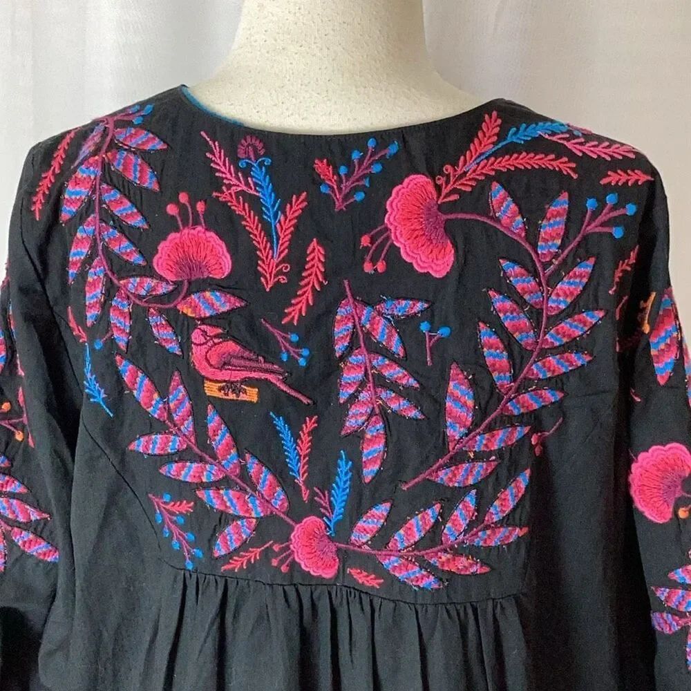 Maeve Anthropologie Embroidered Bird Floral Boho Tunic Dress Black Large - Picture 7 of 11